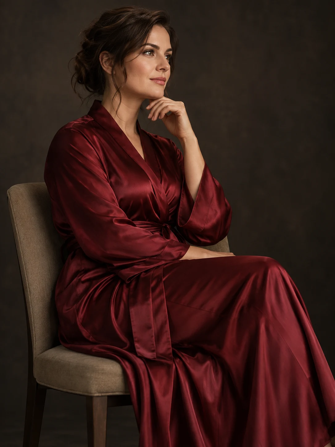 Softly lit portrait in a burgundy silk robe