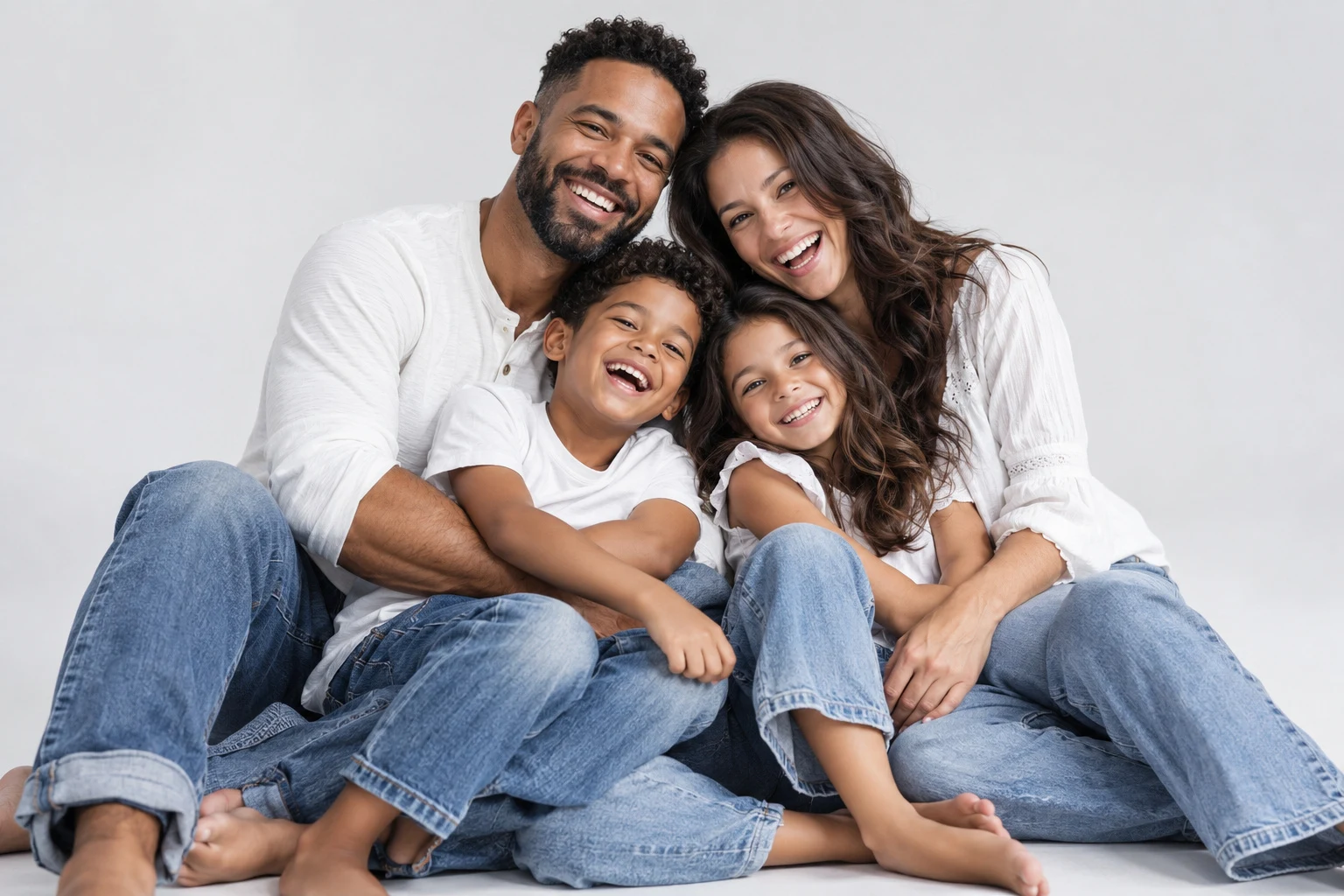 Playful family photography concept of parents and two children