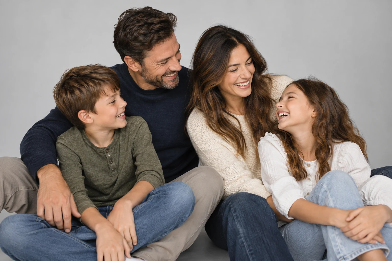 Studio family portrait concept with natural laughter