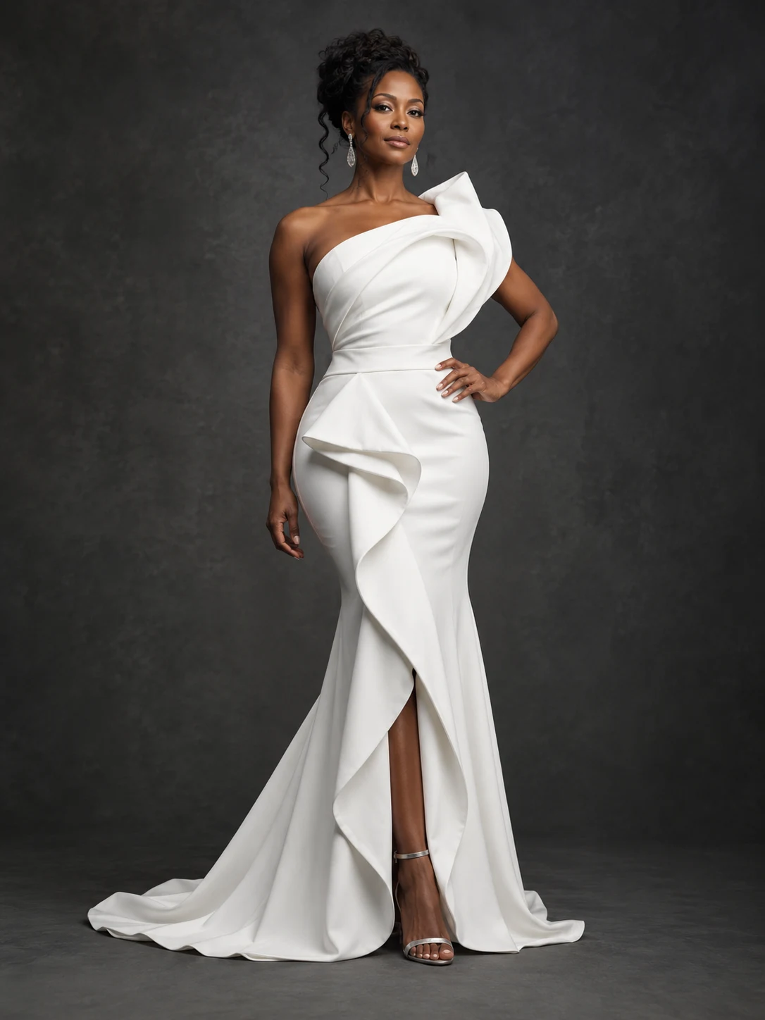 Fashion portrait of a Black woman in a sculptural white evening dress