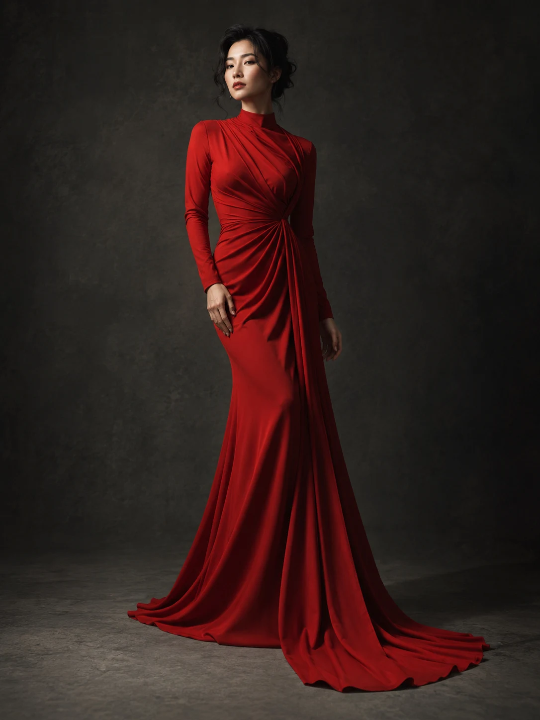 Fashion portrait concept in a sculptural red dress
