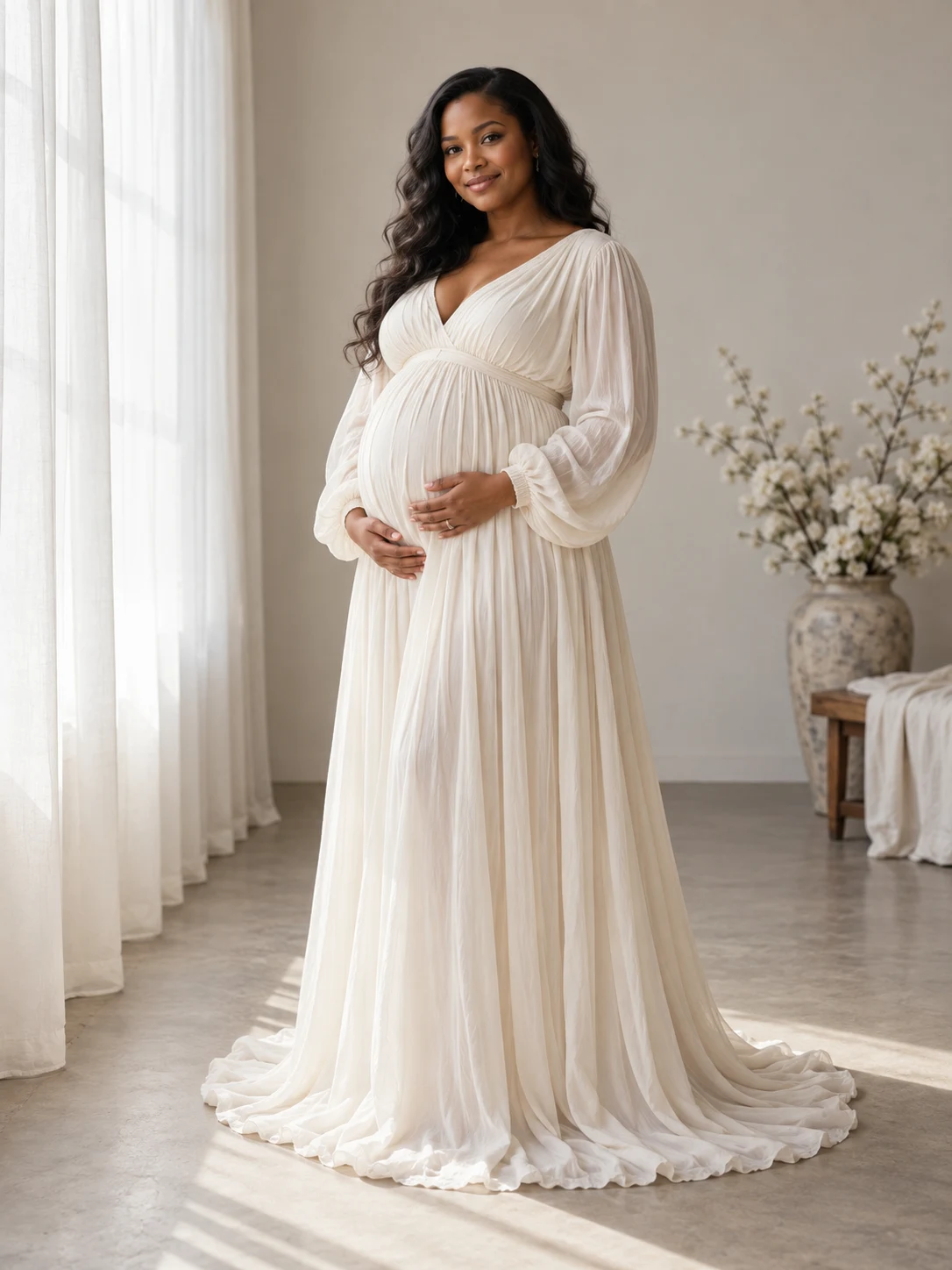 Maternity portrait of a Black woman in a flowing ivory gown