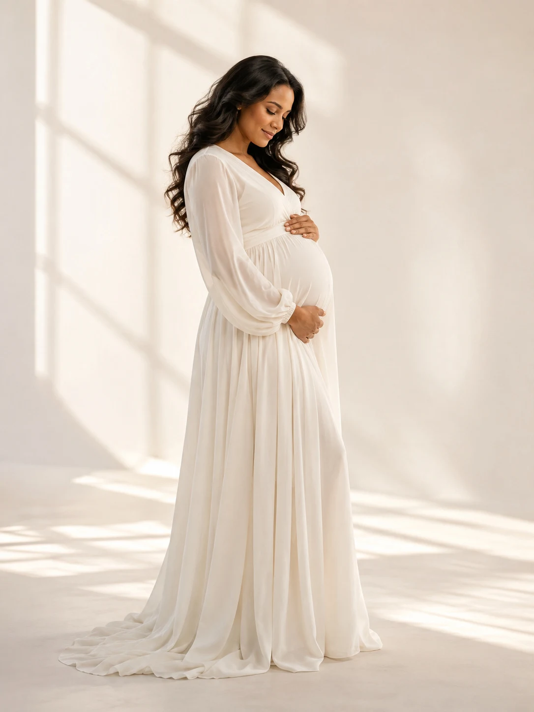 Maternity profile portrait in gentle window light